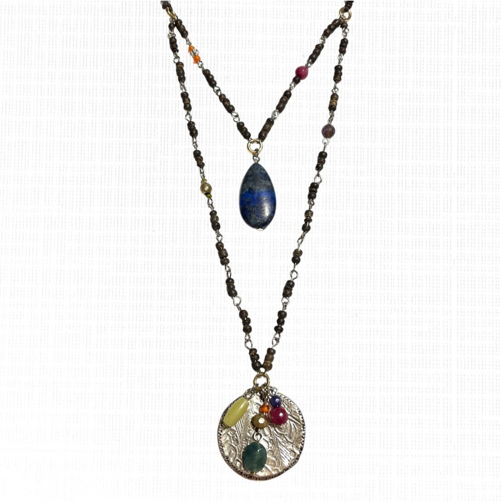 Tiered Boho Necklace Teardrop Lapis Lazuli Silver Tone Coin Pendant Beaded Links